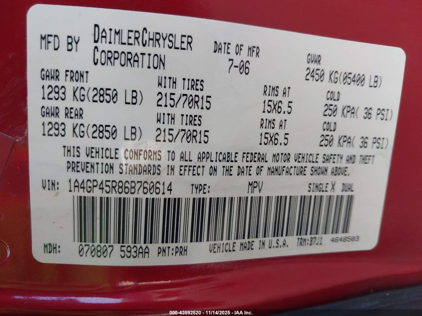 2006 Chrysler Town & Country VIN: 1A4GP45R86B760614 Lot: 43592520
