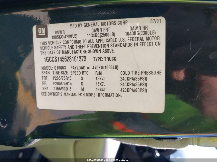 2002 Chevrolet S-10 Ls VIN: 1GCCS145628101373 Lot: 43592543