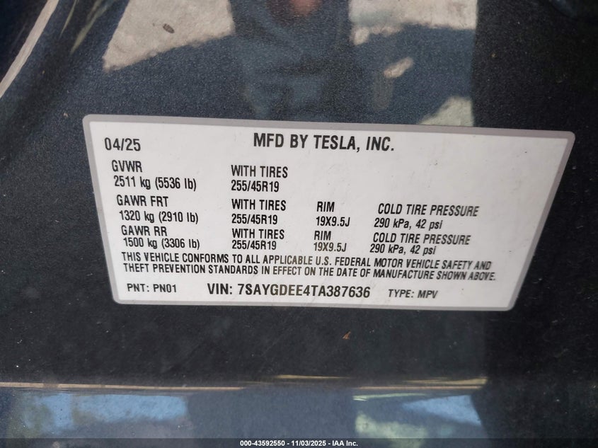 2026 Tesla Model Y Long Range Dual Motor All-Wheel Drive/Long Range Launch Series VIN: 7SAYGDEE4TA387636 Lot: 43592550