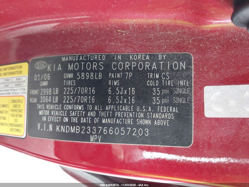 2006 Kia Sedona Ex/Lx VIN: KNDMB233766057203 Lot: 43592574