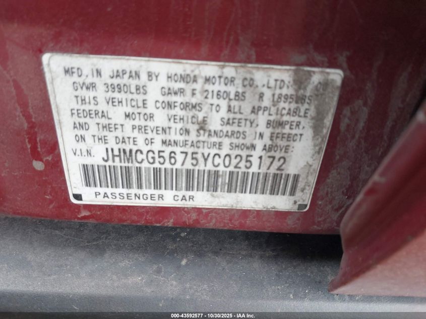 2000 Honda Accord 2.3 Se VIN: JHMCG5675YC025172 Lot: 43592577