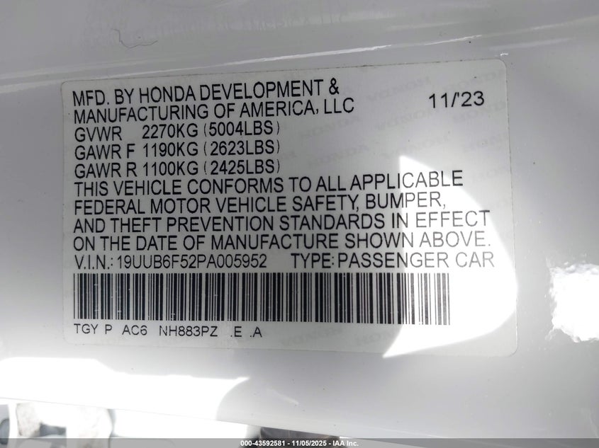 2023 Acura Tlx A-Spec Package VIN: 19UUB6F52PA005952 Lot: 43592581