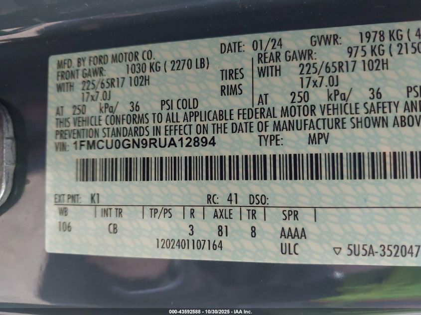 2024 Ford Escape Active VIN: 1FMCU0GN9RUA12894 Lot: 43592588