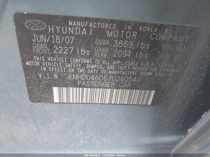 KMHDU46D67U260540 2007 HYUNDAI ELANTRA photo no. 9