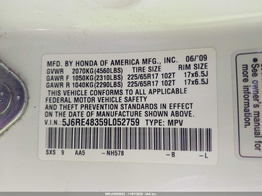 2009 Honda Cr-V Lx VIN: 5J6RE48359L052759 Lot: 43592622