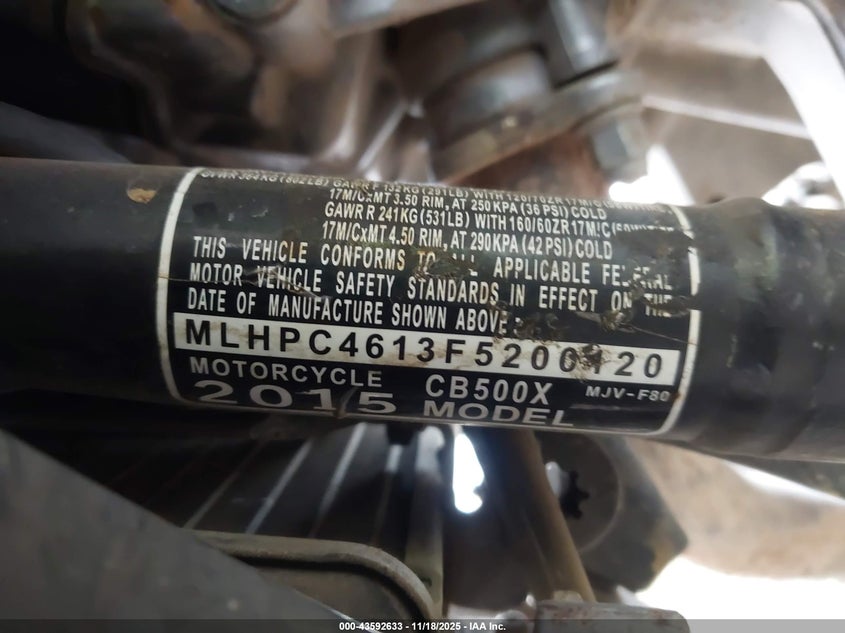 2015 Honda Cb500 X VIN: MLHPC4613F5200120 Lot: 43592633