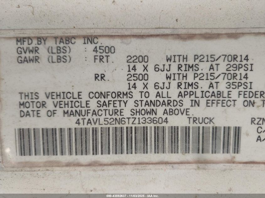 1996 Toyota Tacoma Xtracab VIN: 4TAVL52N6TZ133604 Lot: 43592637