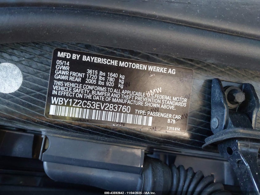 2014 BMW I3 VIN: WBY1Z2C53EV283760 Lot: 43592642
