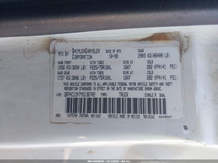 2000 Dodge Ram 1500 St VIN: 3B7HC13Y7YG136702 Lot: 43592649