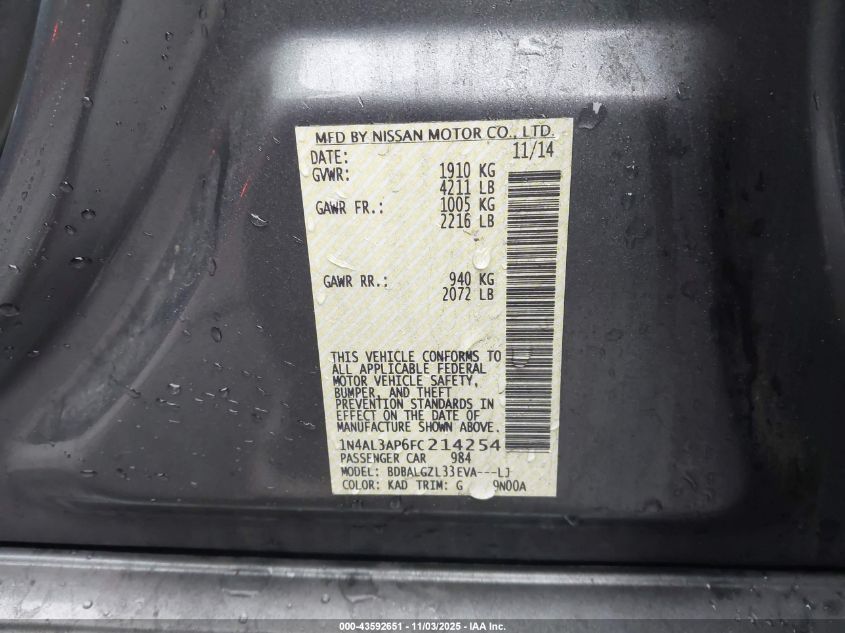 2015 Nissan Altima VIN: 1N4AL3AP6SC214254 Lot: 43592651