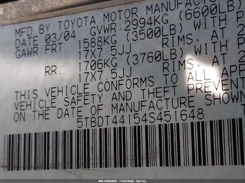 2004 Toyota Tundra Sr5 V8 VIN: 5TBDT44154S451648 Lot: 43592655