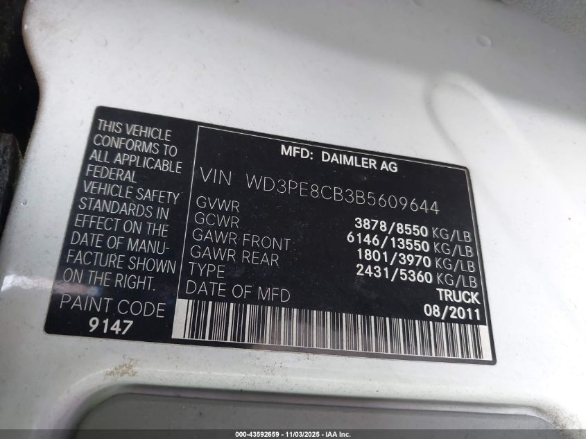 2011 Mercedes-Benz Sprinter 2500 High Roof VIN: WD3PE8CB3B5609644 Lot: 43592659