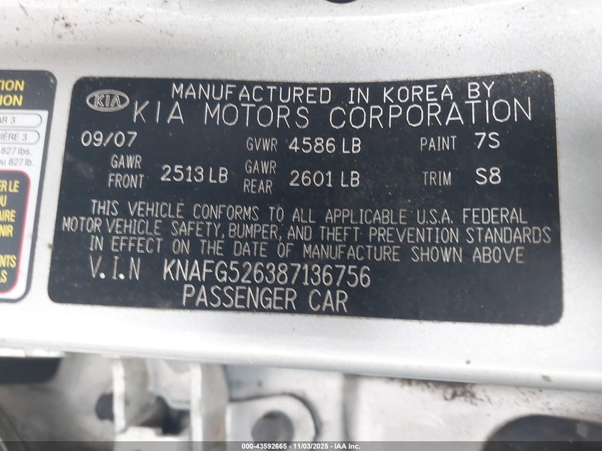 2008 Kia Rondo Lx V6 VIN: KNAFG526387136756 Lot: 43592665