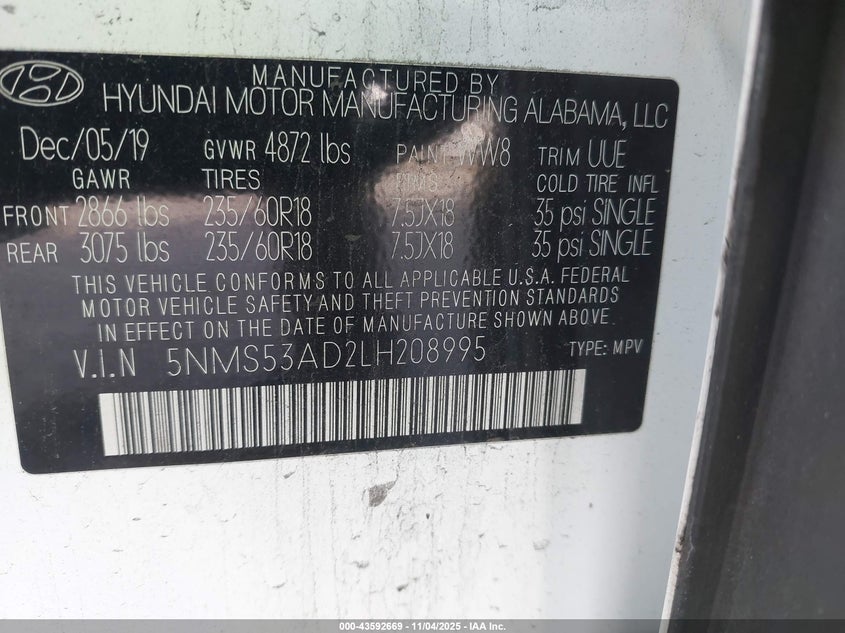 2020 HYUNDAI SANTA FE LIMITED - 5NMS53AD2LH208995