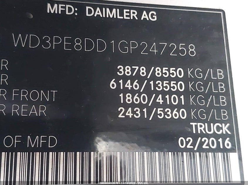 2016 Mercedes-Benz Sprinter 2500 High Roof VIN: WD3PE8DD1GP247258 Lot: 43592676