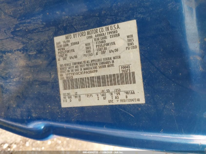 2001 Ford Ranger Xl/Xlt VIN: 1FTYR10CX1PA28499 Lot: 43592723