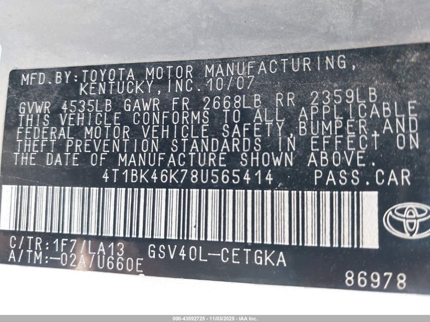 2008 Toyota Camry Xle V6 VIN: 4T1BK46K78U565414 Lot: 43592725