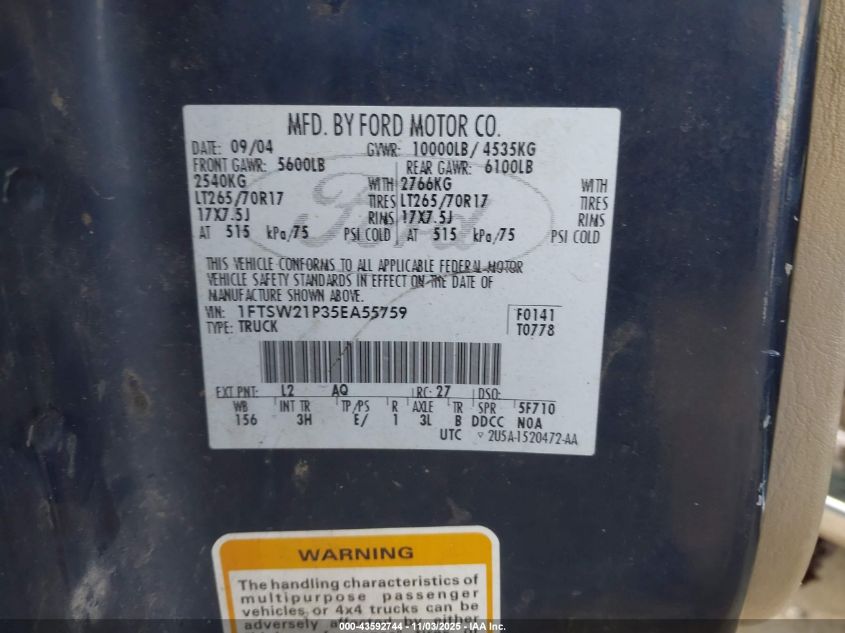 2005 Ford F-250 Lariat/Xl/Xlt VIN: 1FTSW21P35EA55759 Lot: 43592744