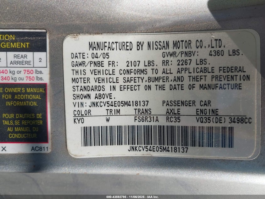 2005 Infiniti G35 VIN: JNKCV54E05M418137 Lot: 43592795