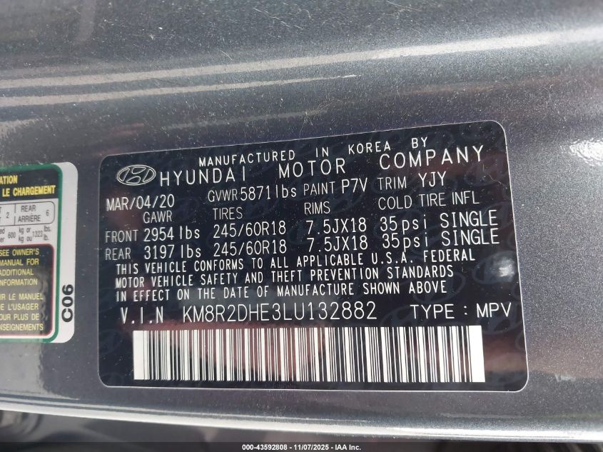 2020 Hyundai Palisade Sel VIN: KM8R2DHE3LU132882 Lot: 43592808