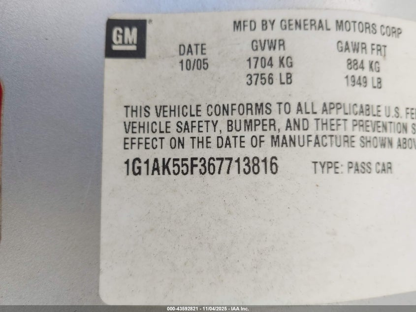1G1AK55F367713816 2006 CHEVROLET COBALT photo no. 9