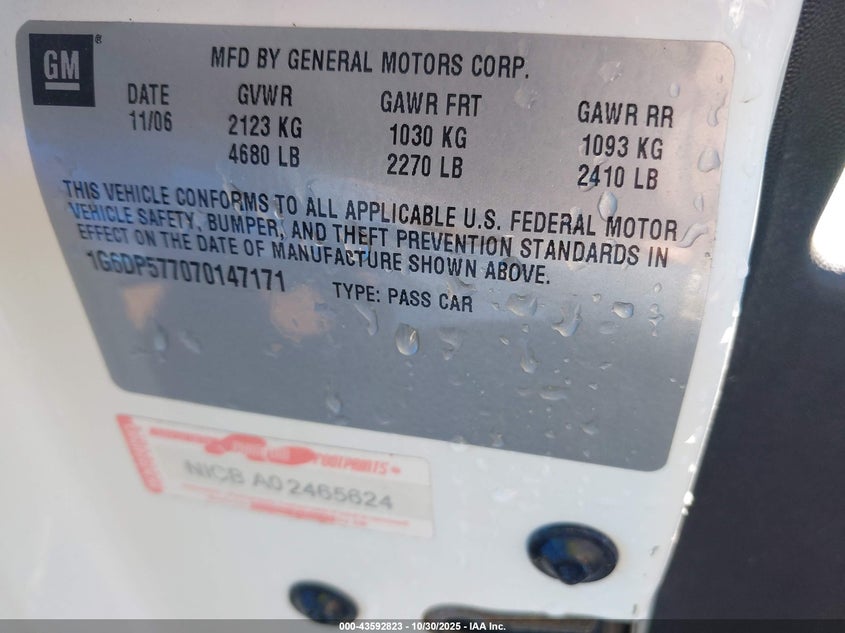 2007 Cadillac Cts Standard VIN: 1G6DP577070147171 Lot: 43592823