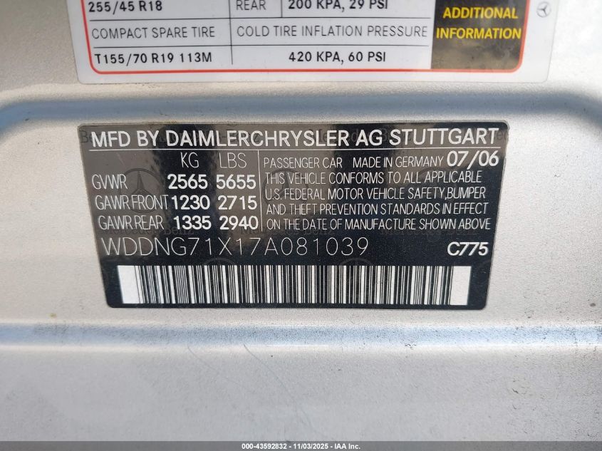 2007 Mercedes-Benz S 550 VIN: WDDNG71X17A081039 Lot: 43592832