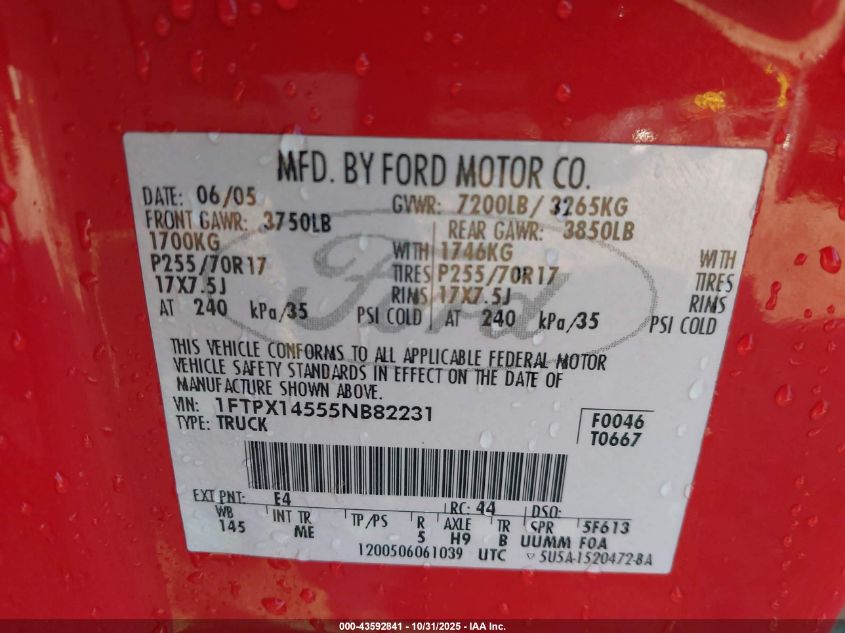 2005 Ford F-150 Fx4/Lariat/Xl/Xlt VIN: 1FTPX14555NB82231 Lot: 43592841