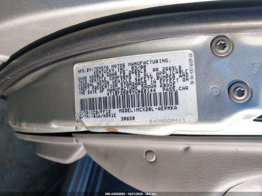 2000 Toyota Avalon Xl VIN: 4T1BF28B9YU068144 Lot: 43592889