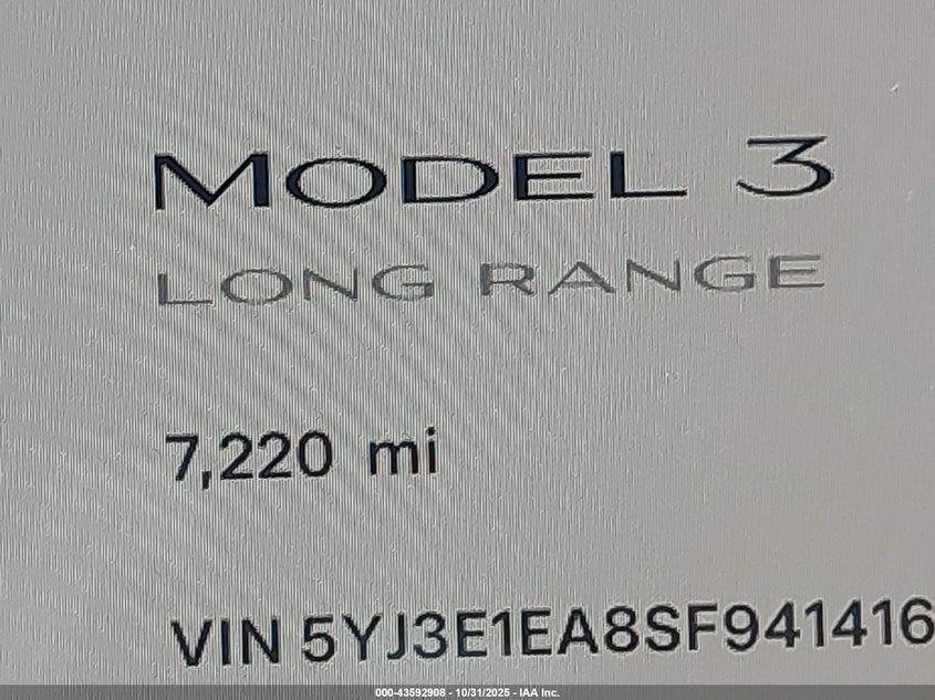 2025 Tesla Model 3 Long Range Rear-Wheel Drive/Standard VIN: 5YJ3E1EA8SF941416 Lot: 43592908