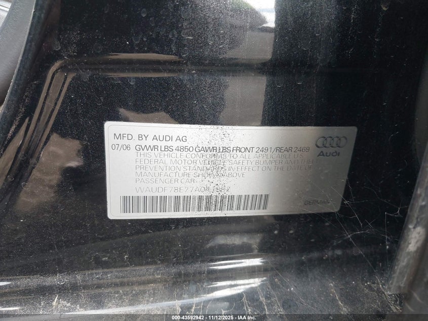 2007 Audi A4 2.0T VIN: WAUDF78E77A041882 Lot: 43592942