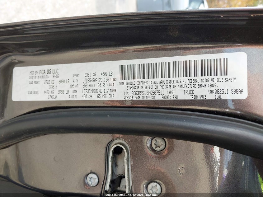 2017 Ram 3500 Tradesman 4X4 8' Box VIN: 3C63RRGL8HG507511 Lot: 43592948