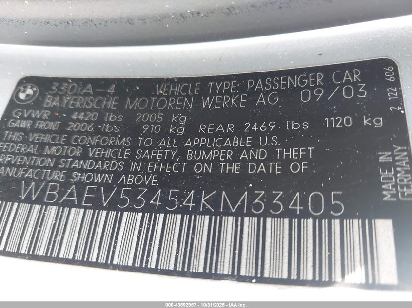 2004 BMW 330I VIN: WBAEV53454KM33405 Lot: 43592957