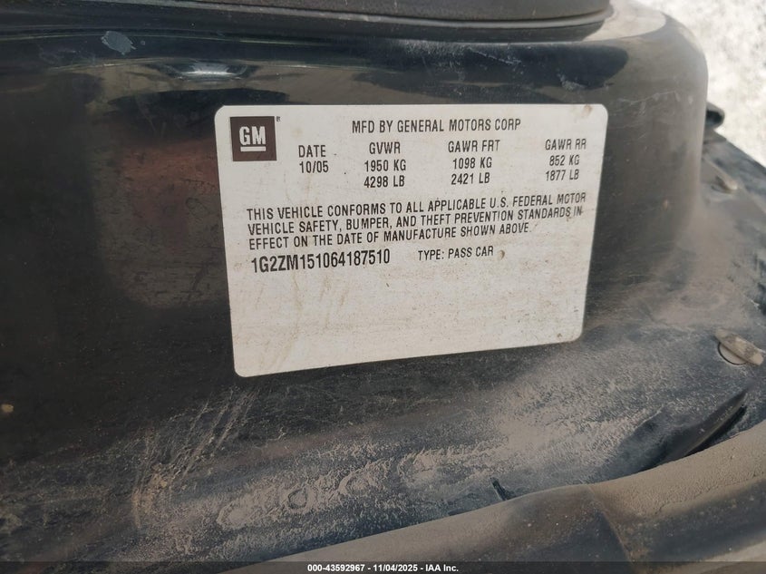 2006 Pontiac G6 Gtp VIN: 1G2ZM151064187510 Lot: 43592967