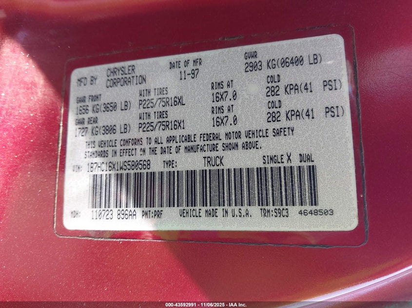 1998 Dodge Ram 1500 St/Ws VIN: 1B7HC16X1WS580568 Lot: 43592991