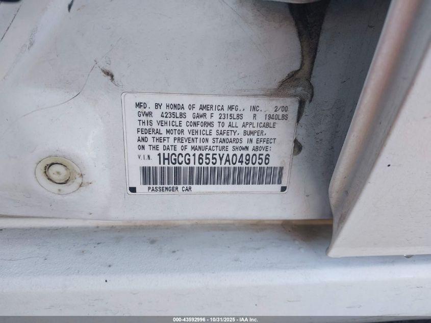 2000 Honda Accord 3.0 Ex VIN: 1HGCG1655YA049056 Lot: 43592996