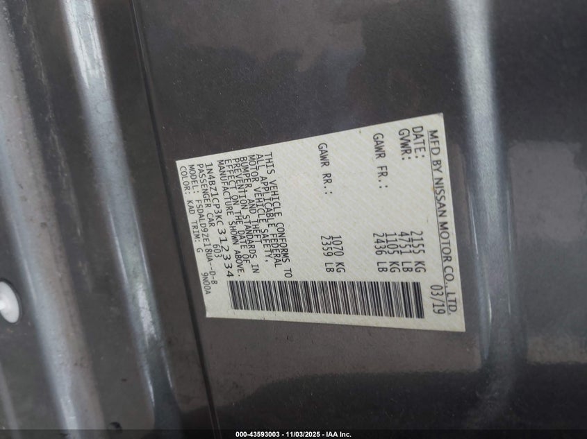 2019 Nissan Leaf Sv Plus VIN: 1N4BZ1CP3KC312334 Lot: 43593003