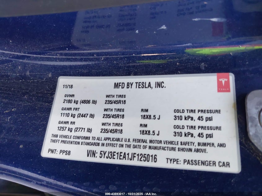 2018 Tesla Model 3 Long Range/Mid Range VIN: 5YJ3E1EA1JF125016 Lot: 43593017