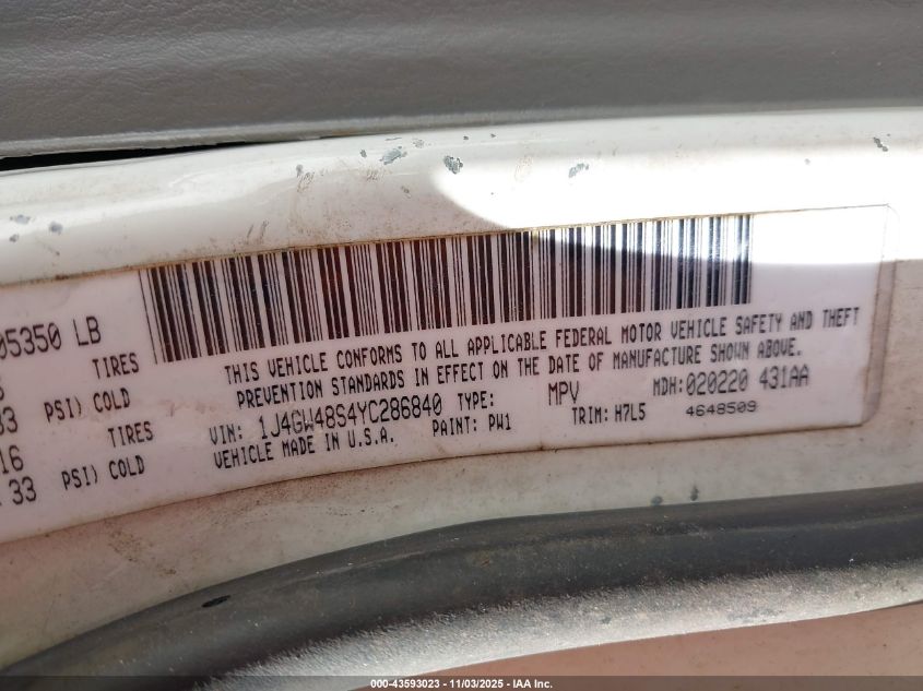 2000 Jeep Grand Cherokee Laredo VIN: 1J4GW48S4YC286840 Lot: 43593023