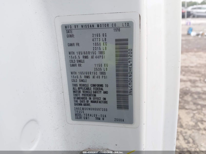 2017 Nissan Nv200 Sv VIN: 3N6CM0KN0HK697200 Lot: 43593037