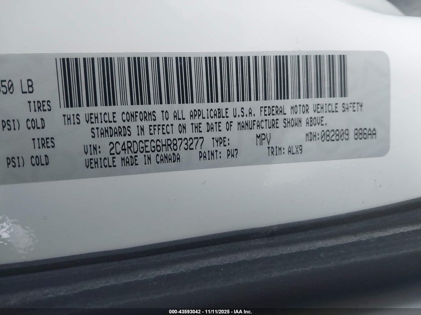 2017 Dodge Grand Caravan Gt VIN: 2C4RDGEG6HR873277 Lot: 43593042