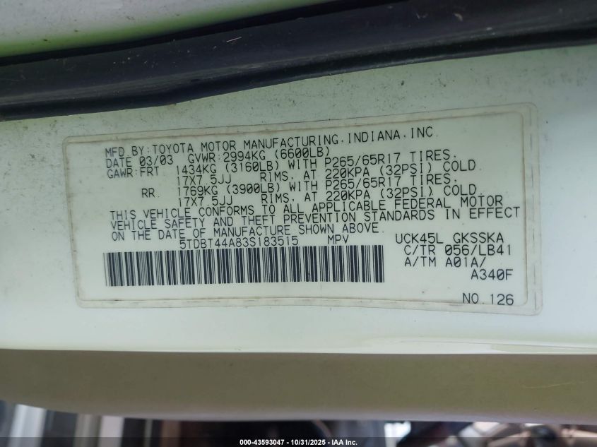 2003 Toyota Sequoia Sr5 V8 VIN: 5TDBT44A83S183515 Lot: 43593047