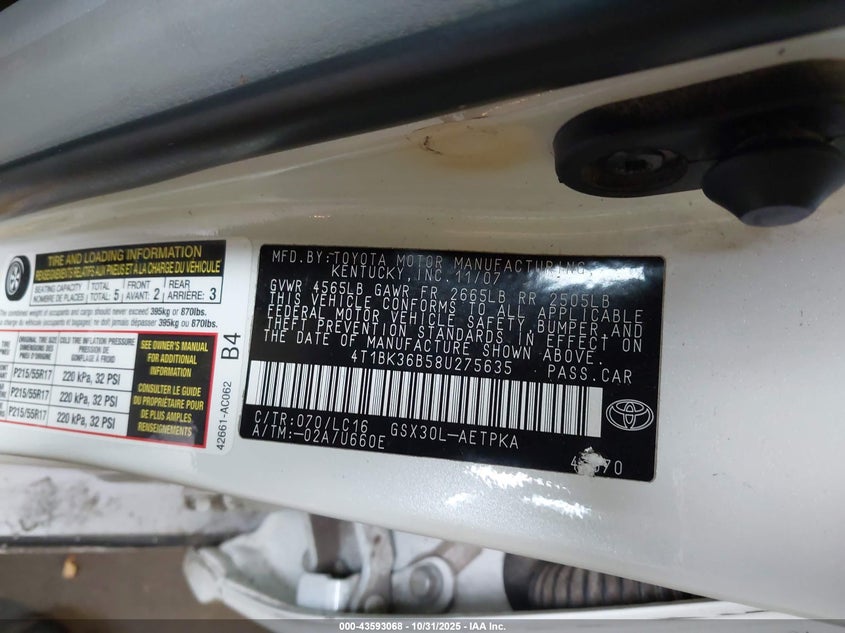 2008 Toyota Avalon Limited VIN: 4T1BK36B58U275635 Lot: 43593068