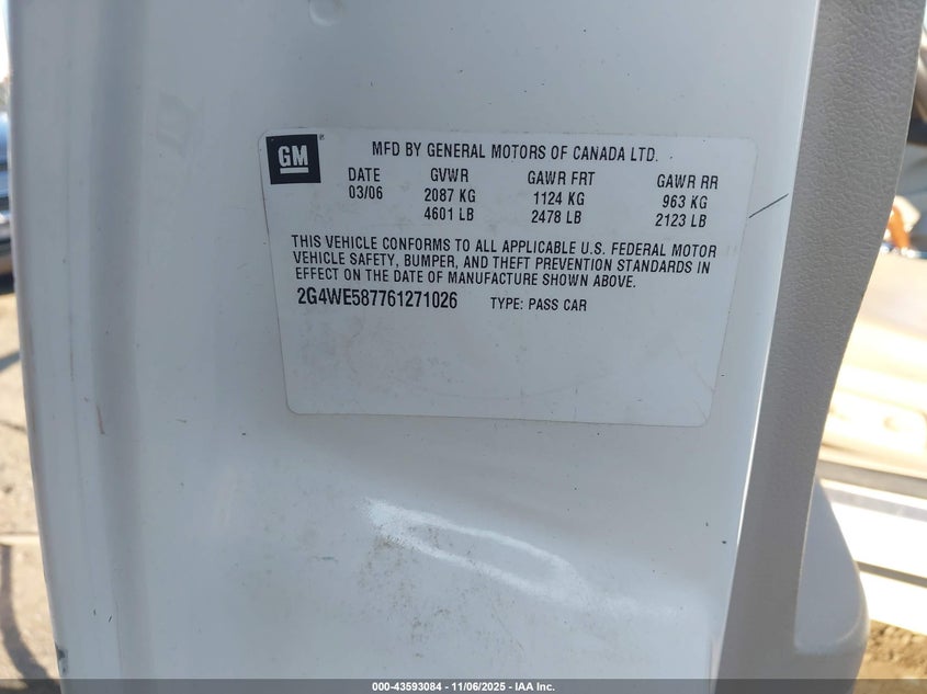 2006 Buick Lacrosse Cxs VIN: 2G4WE587761271026 Lot: 43593084