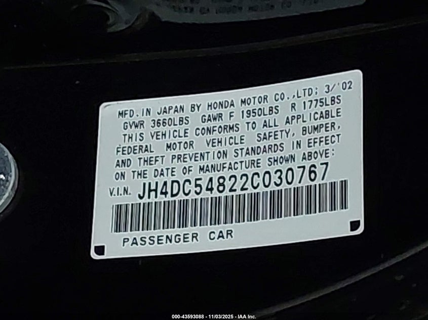 2002 Acura Rsx VIN: JH4DC54822C030767 Lot: 43593088