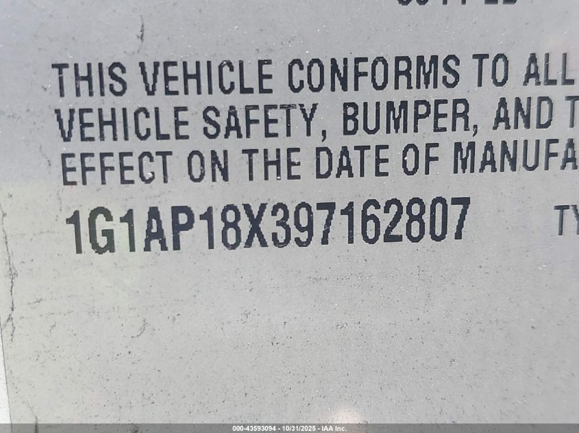 2009 Chevrolet Cobalt Ss VIN: 1G1AP18X397162807 Lot: 43593094