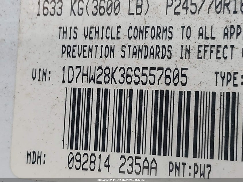 2006 Dodge Dakota St VIN: 1D7HW28K36S557605 Lot: 43593111