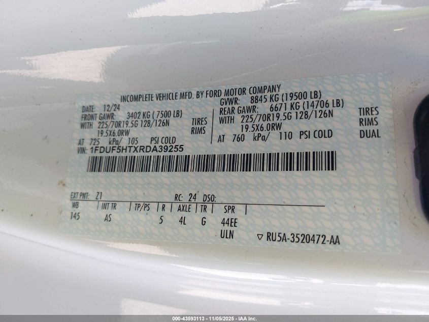 2024 Ford F-550 Chassis Xl VIN: 1FDUF5HTXRDA39255 Lot: 43593113