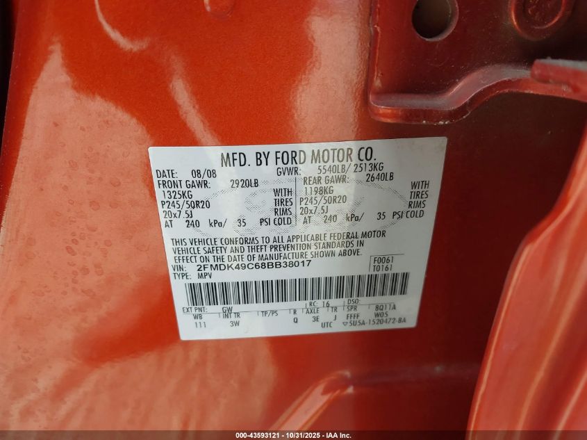2008 Ford Edge Limited VIN: 2FMDK49C68BB38017 Lot: 43593121