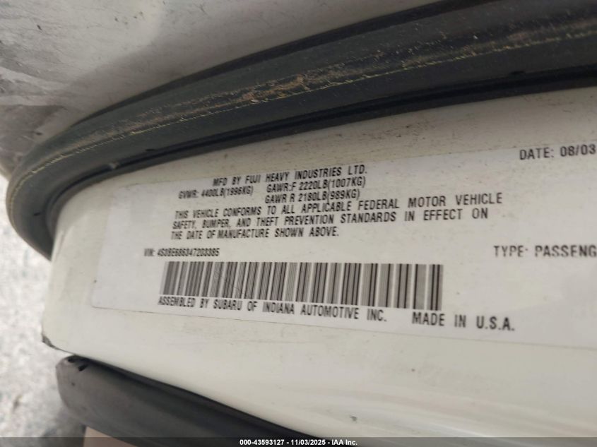 2004 Subaru Outback Limited VIN: 4S3BE686347203385 Lot: 43593127